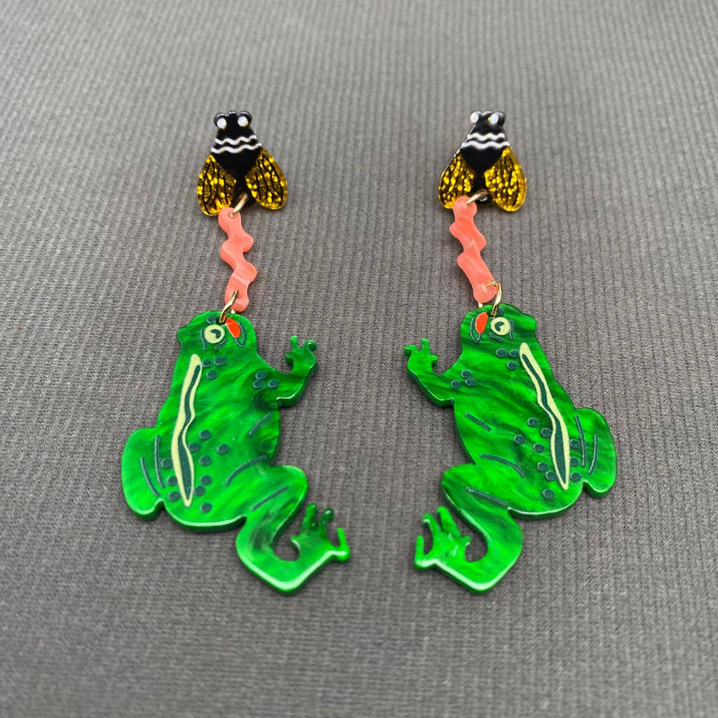 Frog Eating Flies Acrylic Post Earrings - YK