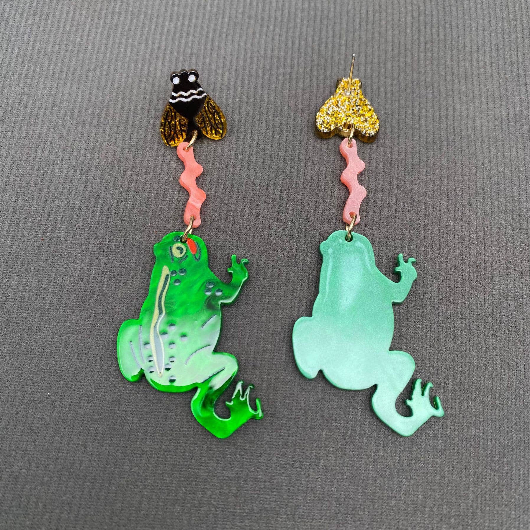 Frog Eating Flies Acrylic Post Earrings - YK