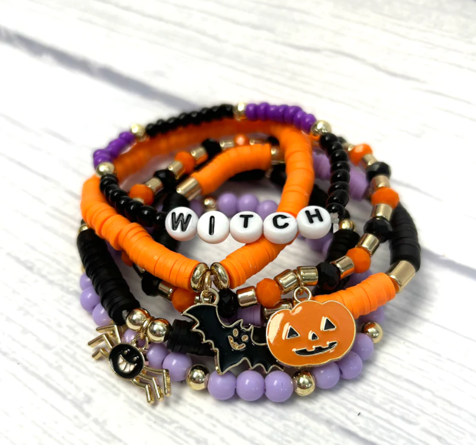 Witch Charm Halloween Stretchy Bracelet Set