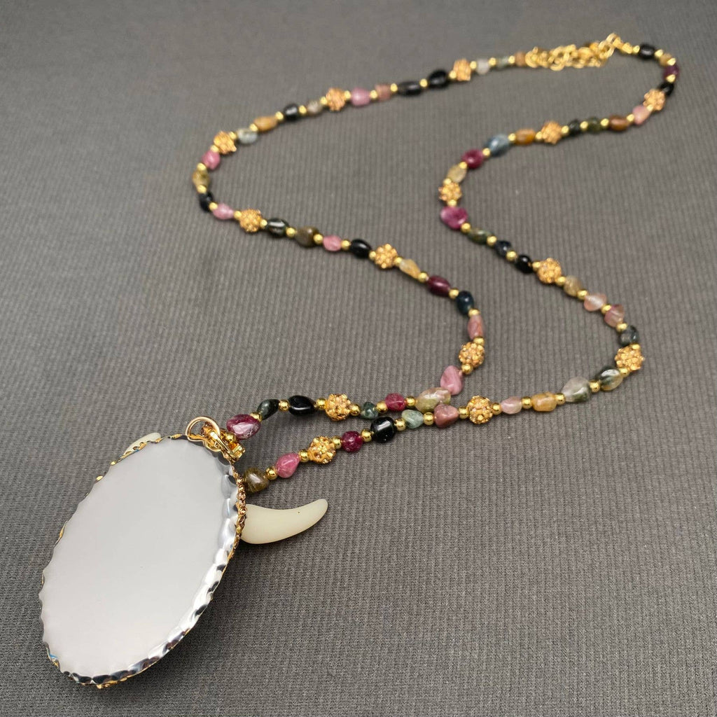 Rhinestone Inlaid Resin Ox Head Stone Beaded Necklace - CS