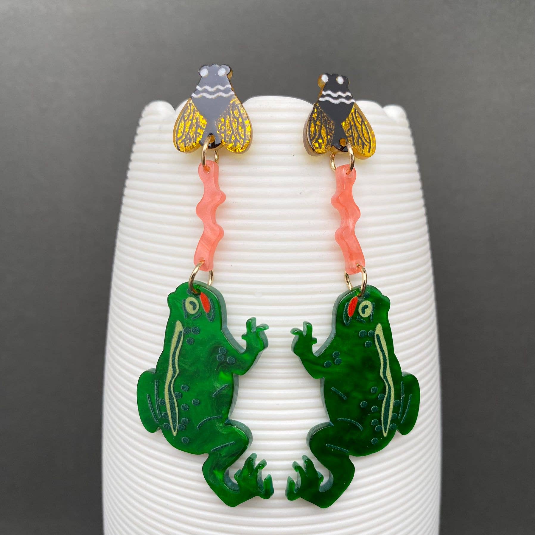 Frog Eating Flies Acrylic Post Earrings - YK